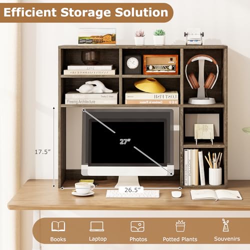 Image of Tangkula Desktop Bookshelf, 37 inch Countertop Storage Hutch with 7 Cubes & 3 Adjustable Shelves, 3-Tier Desk Display Rack Organizer, Multipurpose Wood Desktop Hutch for Dorm Home Office (Grey)