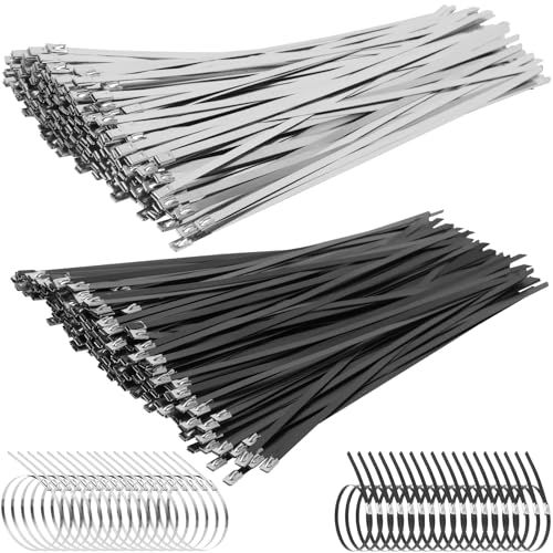 500PCS Metal Zip Ties, Silver Black 12 Inch Heavy Duty Metal Zip Ties, Multi-Purpose Self-Locking Cable Tie for Vehicles Farms Plants Fences Pipe Bundling