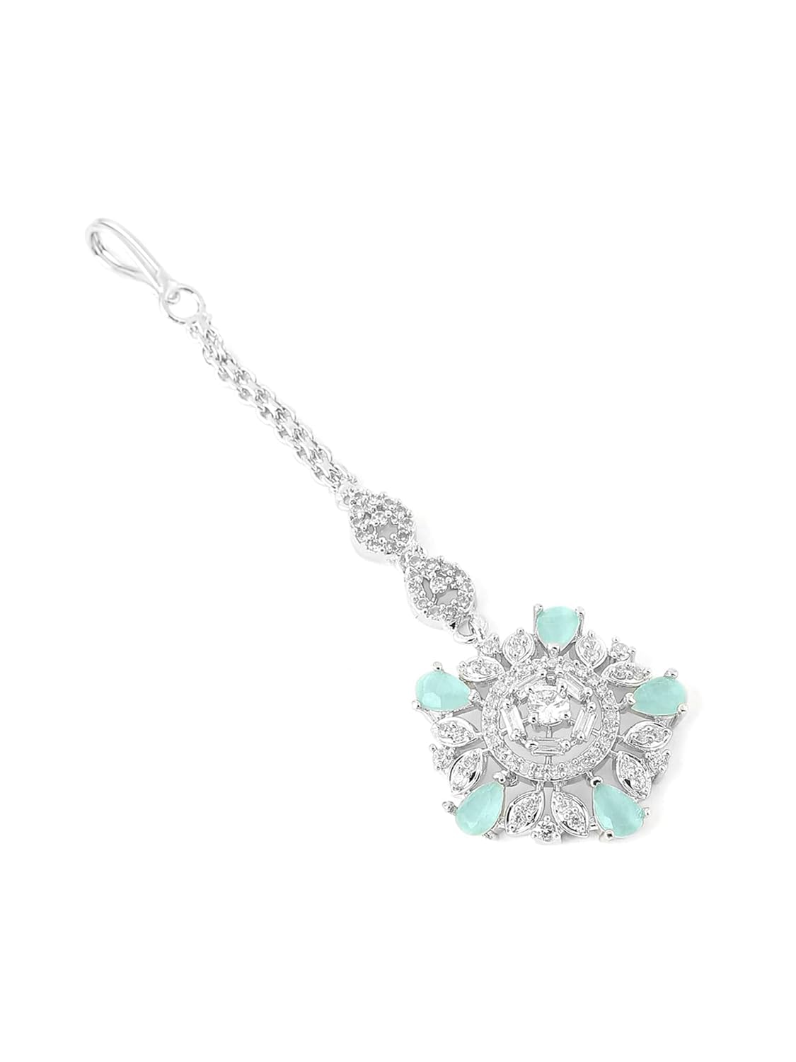 Mint Plated Maang Tikka for Women – Green Crystal Studded Indian Maangteeka – Traditional Bridal Hair Jewelry for Wedding-image-31