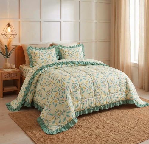 Image of BSB HOME 4 Piece Bed in a Bag Set - Cotton Feel 280 TC Bedsheet with Comforter & 2 Frill Pillow Covers, Soft Luxury Bedding Set for Double /King Size Bed, Ideal Gift Set (French Vanilla)
