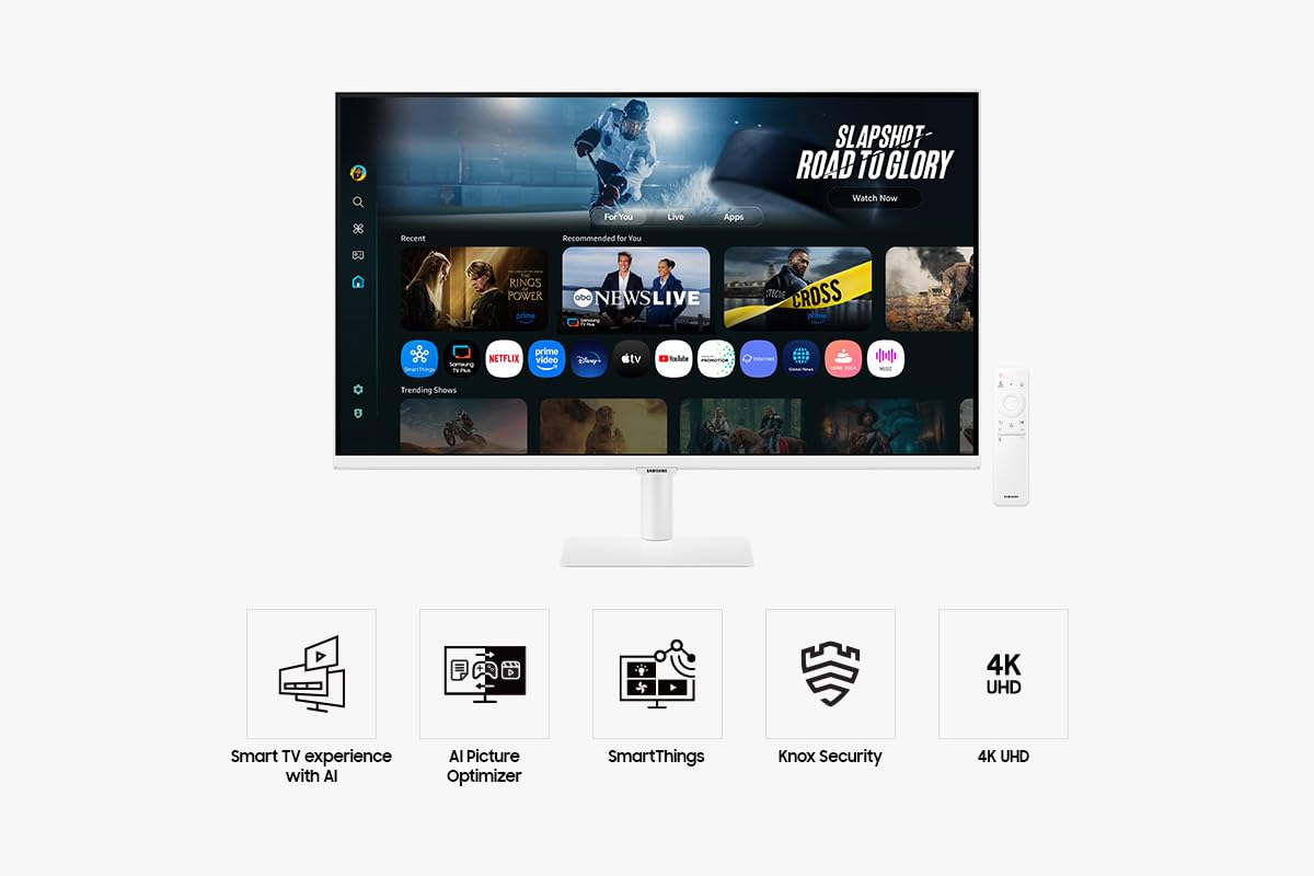 Samsung LS32FM703UUXXU 32" 4K Ultra HD HDR10 Smart Monitor with Speakers - White - 3840x2160, USB-C, HDMI, WiFi, Bluetooth, Smart Hub for TV streaming, Catch Up Apps and Gaming Hub - 3