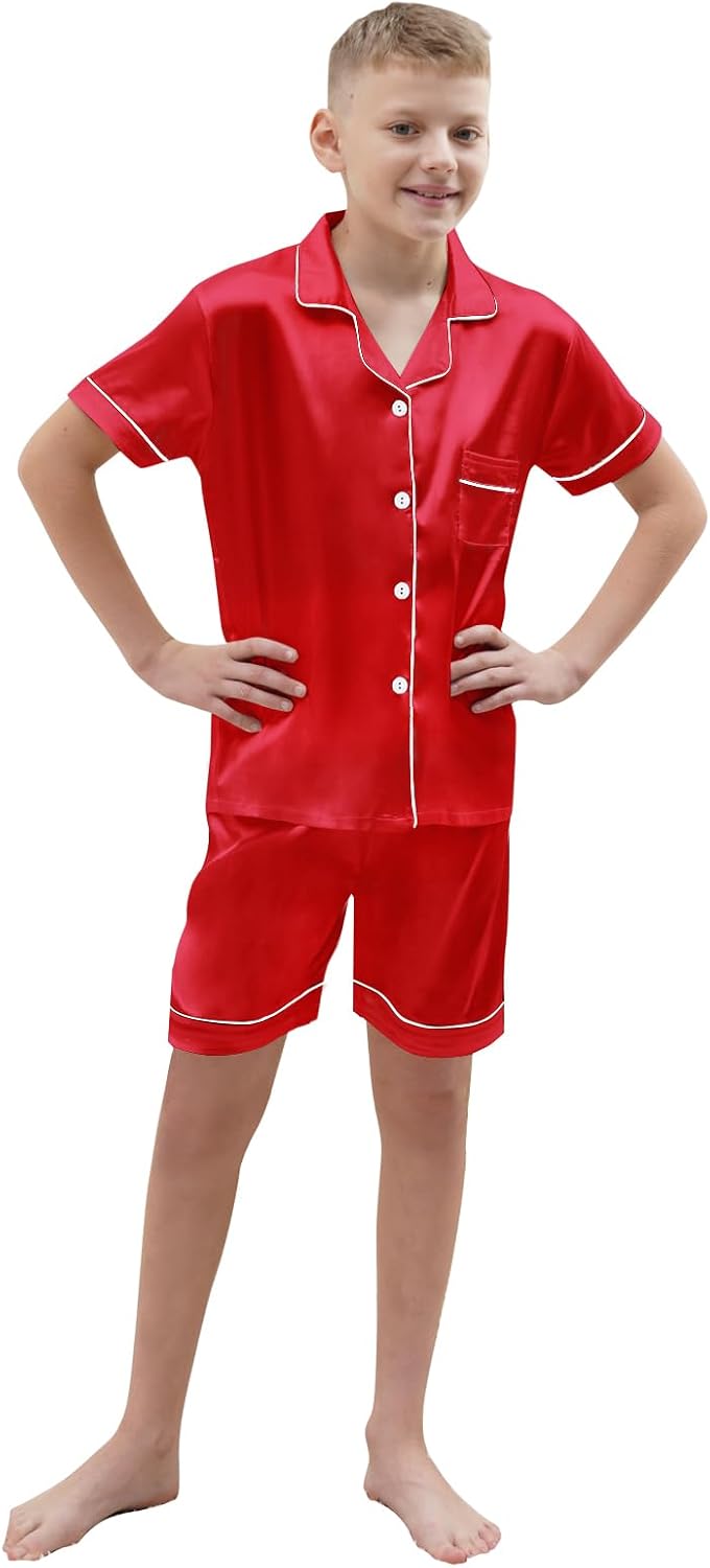 Boys Silk Pajamas Button Down Sleepwear Satin Nightwear 2 Pcs Pj Set