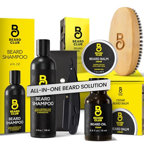Beard Club Beard Care Kit - Grooming Essentials for a Healthier, Stylish Beard - Straight Edge Razor, Shampoo, Cedar Balm, Oil, and Boar Bristle Brush