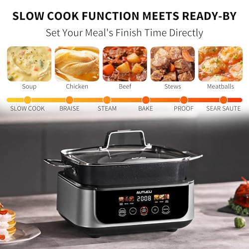Image of Slow Cooker 7 Quart | Programmable Multi-Cooker PFOA-Free Ceramic Coating, Steamer, Sear saute, Warm Function (Includes Silicone Spoon)