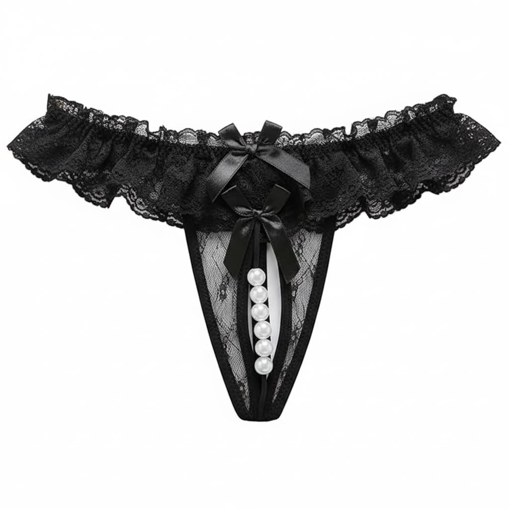 Girl's Hot Ladies Nylon Lace Thong Panties with Pearl Detail, Hipster Underwear Brief Ruffled Waistband, Black-image-24