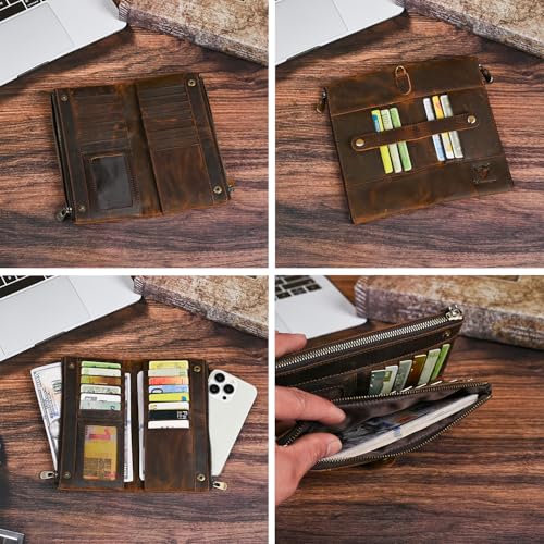 Image of Genuine Crazy Horse Leather Travel Gift Coin Pocket Card Case Long Organizer Chain Rfid Wallet Purse With Snap For Men Male 1803 1815 (1822 Brown)