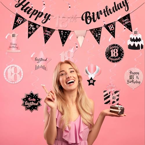 Image of 18th Birthday Decorations for Girls Rose Gold Pink Pre Strung Happy 18th Birthday Banner and Hanging Swirls 18 Year Old Party Decorations Supplies