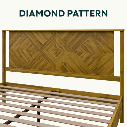 Image of Bme Ethan Solid Wood King Bed Frame with Diamond Headboard - Rustic & Mid-century Modern - Acacia Wood Platform Bed - Compatible with All Mattresses - No Box Spring Needed - Rustic Brown