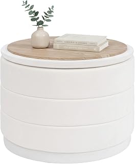 Bonlife Runde Ottomane mit Deckel, Klappbare Fußstütze mit Tisch, Fußstütze, Fußhocker für Wohnzimmer, Schlafzimmer, Flur, Creme Samt,58x58x44cm
