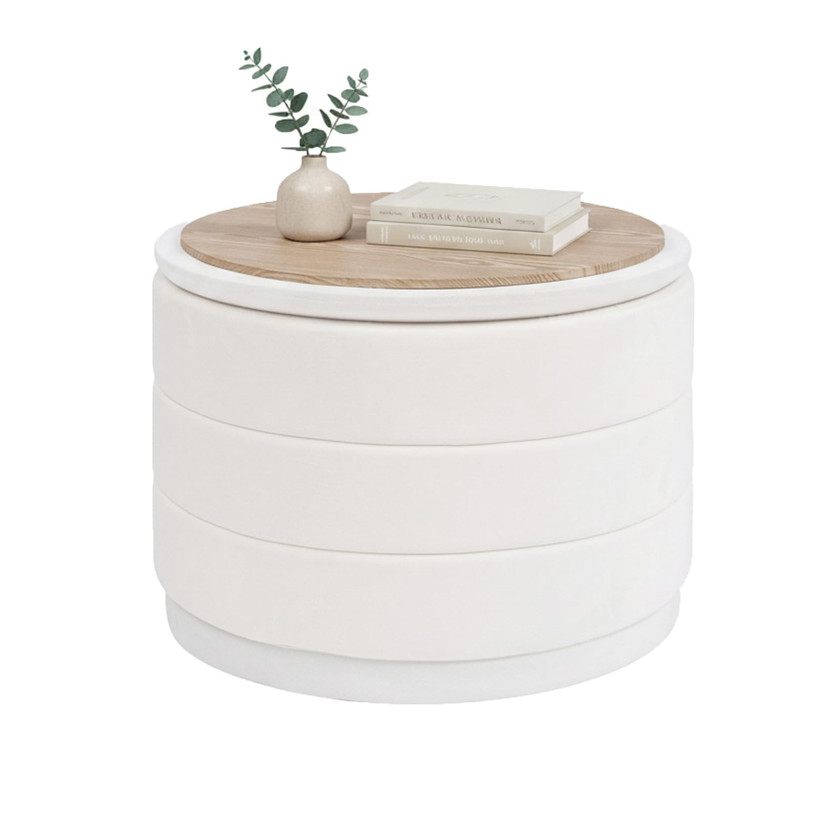 Bonlife Ottoman Rond avec Couvercle,Repose-Pieds Pliable avec Table,Repose-Pieds pour Salon, Chambre à Coucher, Couloir, Velours Blanc, 58 x 58 x 44 cm