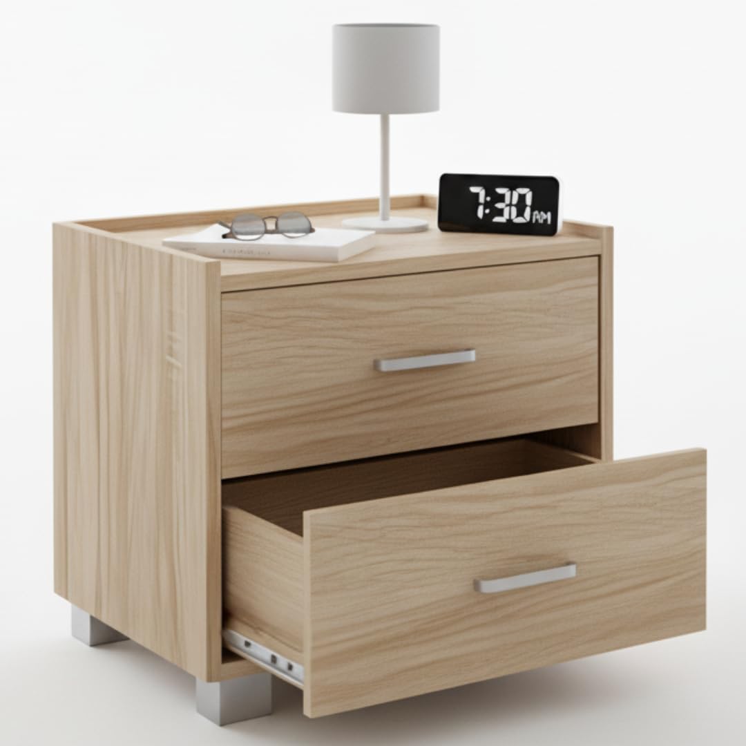 MAKA Comodino Camera da Letto Moderni con 2 Cassetti Ripiano Tavolino con Barre Portaoggetti Evita la Caduta Mobiletto in Legno Melaminico con Piedi Antiscivolo da Notte 43 x 40 x 44 cm (Rovere)