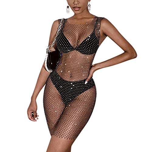 Women’s Sparkly Rhinestone Bikini Dress Sexy Sheer Mesh Sleeveless Swimsuit Cover Up Swimwear for Beach Pool Clubwear