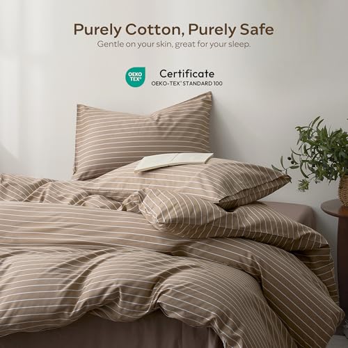 JELLYMONI 100% Cotton Wide Striped Full Duvet Cover Set, White/Tan by JELLYMONI - Used condition - Image 2