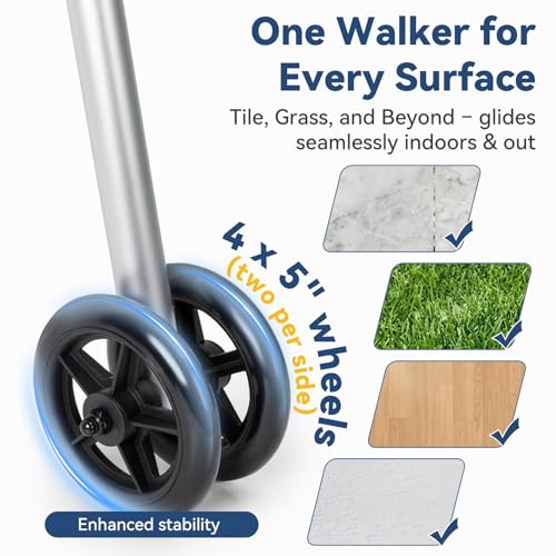 Image of Folding Walker for Seniors with Reflective Strip Basket for Seniors Elderly | Lightweight Aluminum Rolling Walker with 4 x 5 inch Front Wheels, Storage Bag & Ski Glides 8 Height Adjustments, 350lbs Capacity