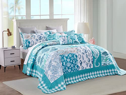 Image of HZ & HY Coastal Oversized King Bedspread 128x120 Extra Wide, Reversible Beach Pattern Quilt Set King /Cal King, Lightweight Coverlet, Scalloped Edge - Nautical Coastal Look, 6 Piece, Seahorse