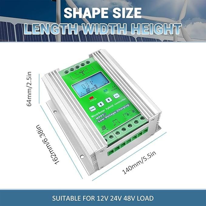 Kontroler ładowania hybrydowego wiatru słonecznego 3000 W, kontroler MPPT 12 V/24 V/48 V, kontroler doładowania hybrydowego wiatru słonecznego, do generatora wiatrowego, 12 V