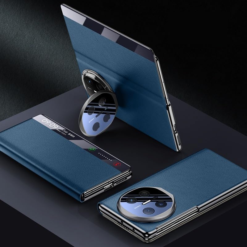 Gruattreay Case Compatible with Huawei Mate X6 Case, Smart Window Leather Case with Flip-Free Answering [Auto Wake/Sleep], Camera Lens Protection with Metal Camera Holder Stand (Blue)