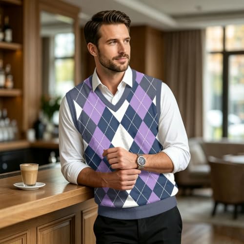 Christmas Sweater Vest Men V Neck Plaid Knit Lightweight Pullover Sweater - image 5