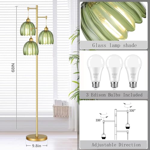 Image of QIYIZM Gold Floor Lamp for Living Room,Bedroom,Mid Century Modern Standing Lamp Brass Tree 3 Light Tall Floor Lamps Vintage Retro Floor Lights Glass Green Flower Lamp Shade Farmhouse Boho Bohemian