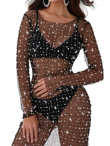 Womens Pearl Dress Mesh Sparkly Rhinestone Dress Cover Up