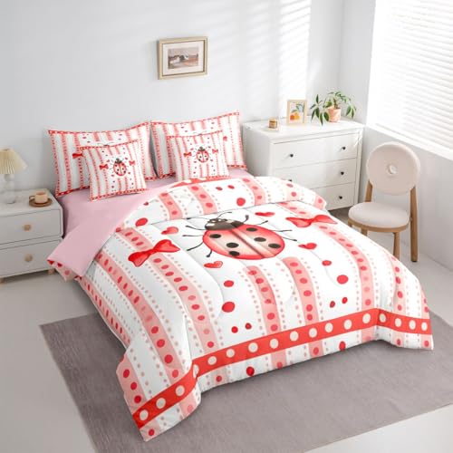 Image of Castle Fairy Cute Ladybug 7 Pcs Full Size Comforter Set Girly Romantic Style Bedding Sets Red Pink Bow Polka Dots Stripes All Season Comforter,Flat Sheet,Fitted Sheet,2 Pillowcases,2 Pillow Covers