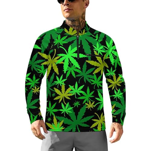Colorful Marijuana Men's Rash Guard Long Sleeves Quick Dry Fishing Workout Shirts with Zipper