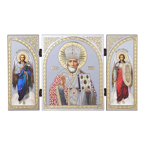 Icono Tríptico de madera San Nicolás altar de viajes iconografía cristiana NKlaus 16921