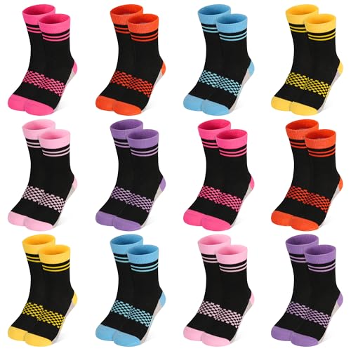 Image of 12 Pairs Boys Crew Socks, Kids Athletic School Socks Ages 2-13 | Fashion vibrant checkered patterns,perfectly fit school, sports, playdates and all daily occasions