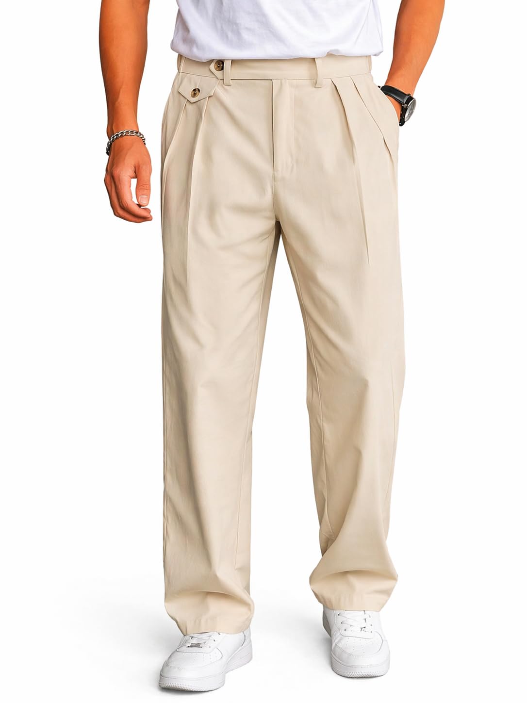 Men’s Korean Style Double Pleated Relaxed Fit Trousers | Cotton Linen Blend Formal Casual Pants | Mid Rise, Belt Loops, Side Pockets & Button Closure-image-38