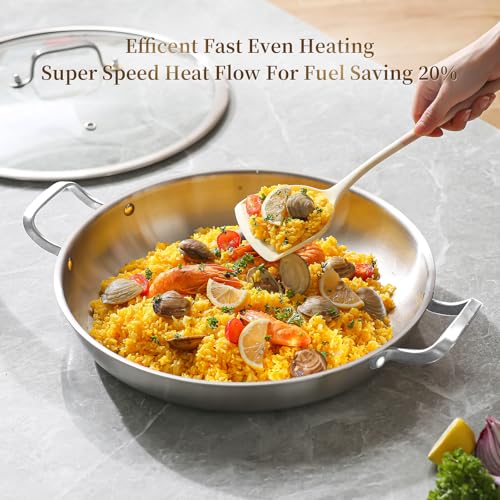 image for DELARLO Paella Pan 14 Inch Tri-Ply Stainless Steel Paella Pan with Lid