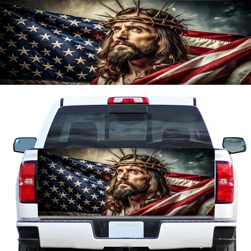 Image of Truck Tailgate Wraps Decals - 66x23.6 in American Flag Tailgate Graphics with Eagle for Trucks Pickup Personalized Decoration, Jesus Sticker Decal