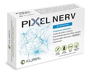 PIXEL NERV è un integratore alimentare a base di Acido Alfa-lipoico, PEA, SOD, vitamina B3, Vitamina D ad azione antiossidante e neuroprotettiva, Compresse