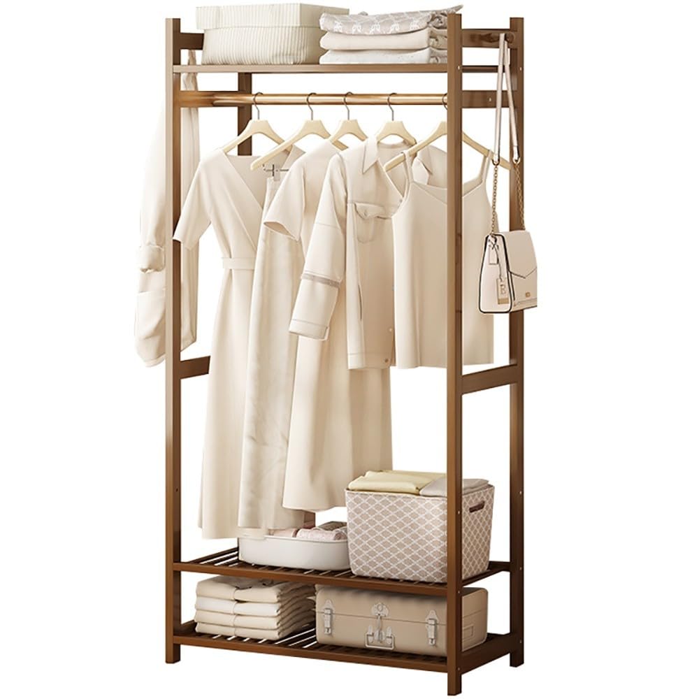 POLGDW Bamboo Clothing Rack with 5 Shelves Independent Garment Rack for Bedroom Storage Max Load 100kg Perfect for Dresses Shoes Hats and Outerwear.