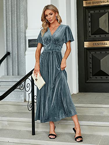 Image of Simplee Women's V Neck Velvet Maxi Dress Short Sleeve Empire Waist Long Formal Dress for Wedding Guest