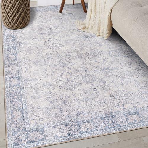 Rugshop Ocean/Blue Transitional Vintage Bordered Area Rug — Machine Washable, 3'3"x5 for Living Room, Bedroom and Home Office