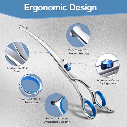 YSYONBOE Hundeschere Set Profi 5-in-1, 4CR Fellschere für Hunde Professionelle Hunde Scheren mit Rundspitze, Gebogene Schere Edelstahl Fellpflege Schere für Katze Hunde
