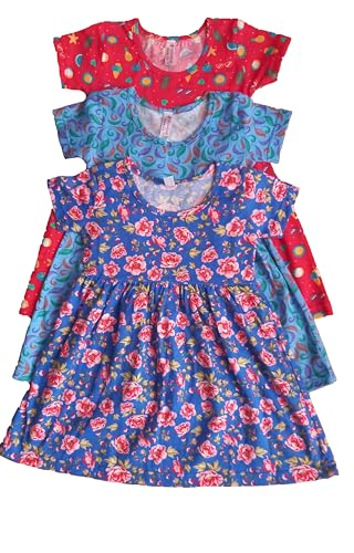 Image of Girls Pure Cotton Casual Round Neck Regular feet Multi Color Girls Gown Dress Half Sleeve Set of 3 pcs