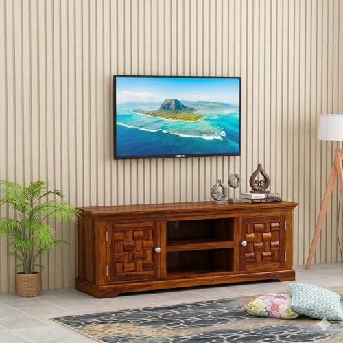 Image of Sheesham Solid Wood TV Entertainment Unit | Wooden TV Stand Cabinet Living Room & Office (Finish Color - Honey Finish)