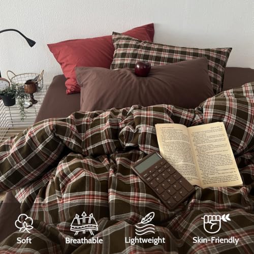 Image of Plaid Duvet Cover Set King Vintage Red Brown Gingham Bedding Set