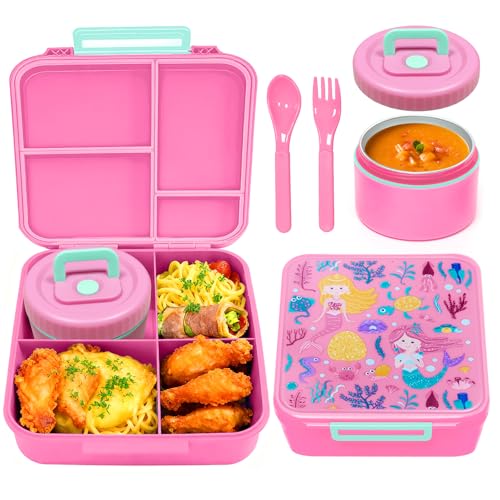 Lunch Box for Kids Children Bento Lunch Box with 4 Compartments for School Leak-Proof Kids Lunchbox with Thermo Soup Bowl for Girls and Boys Microwave| Dishwasher| Freezer Safe & Bpa-Fre (Pink)