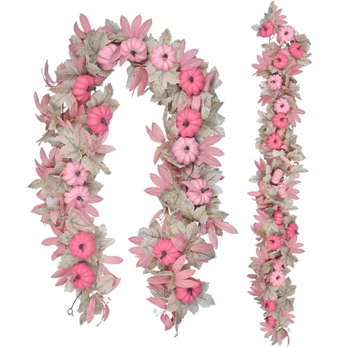5.7FT Pink Pumpkins Fall Garland Maple Leaves Thanksgiving Table Decor