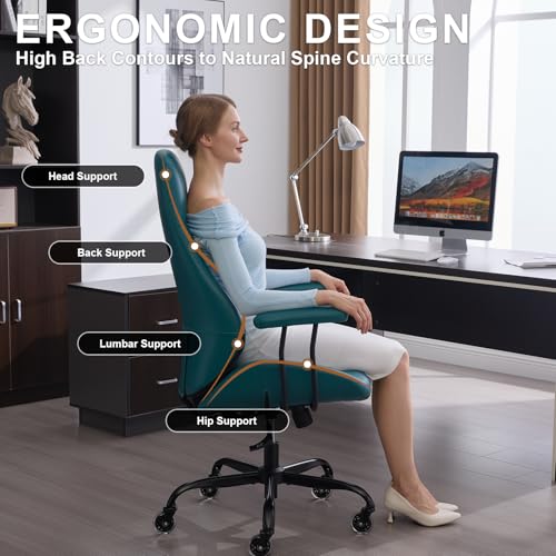 Image of E-Motie Leather Office Chair, Mid Century Modern Desk Chair, Green | Ergonomic, Lumbar Support, 360 Swivel & Rolling Wheels, Adjustable Height, for Adults & Women
