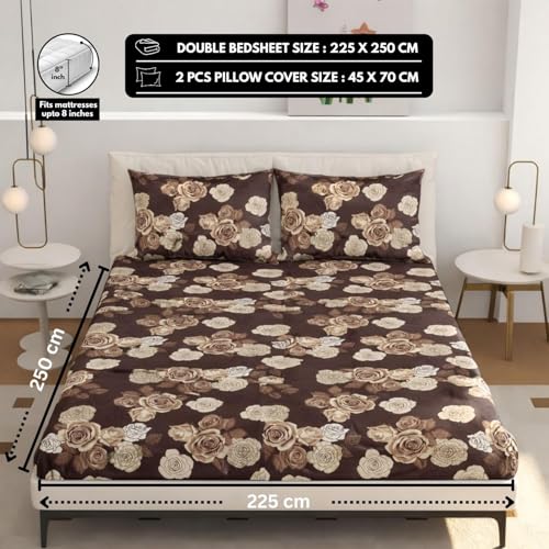 Image of DECOMIZER 240 TC Microfiber Soft Cotton Printed Single Bed Bedsheet for Diwan Bed, Size 60 Inches X 90 Inches, 152 X 230 cm with 1 Large Size Pillow Covers -BrownRose