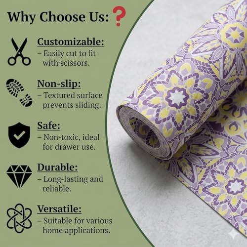 Image of Dribble EVA Shelf Liner Mat 45x500cm Roll, Non Slip Drawer & Cabinet Liner for Kitchen, Waterproof Oilproof Washable Fridge Mat, Anti Skid Cupboard Wardrobe Multipurpose Mat (Purple /Yellow)