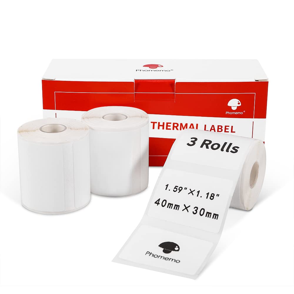 Phomemo 3 Rotoli Etichette M110 Etichette,Etichetta Autoadesiva,1,57"x1,18"(40x30mm),Compatibile con Phomemo M110 M120 M220 M221 M108 M102 M100 M150 M250 M260 Etichettatrice,320 etichette/rotolo