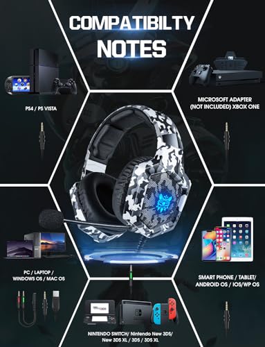 Image of Nanddi Gaming Headset with Microphone, Gaming Headphones for PS4 PS5 Xbox One PC with LED Lights, PlayStation Headset with Noise Reduction 7.1 Surround Sound Over-Ear and Wired 3.5mm Jack (White)