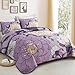 DJY Floral Quilt Set King Size Purple Boho Bedspread Coverlet Set, 3 Piece Microfiber Bohemian Botanical Farmhouse Floral Quilt Bedding Set with 2 Pillowcases for All Season (110''x90'')