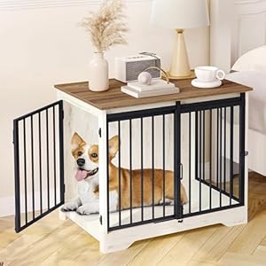 31.9″ Dog Crate Furniture with Barn Door, Heavy Duty Dog Kennel Indoor with 2 Doors, Wooden Pet Cage End Table for Small Medium Dogs up to 44 lb, Anti-Chew Anti-Escape, White Brown DFC83614B