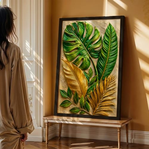 Image of NoWorries 3D Tropical Leaf Wall Painting with Frame Set of 1 | Premium Textured Green & Gold Monstera Palm Leaves Artwork, Luxury Botanical Nature Wall Decor for Living Room, Bedroom, Office and Home Decoration (3d Art-20,13x19inch)