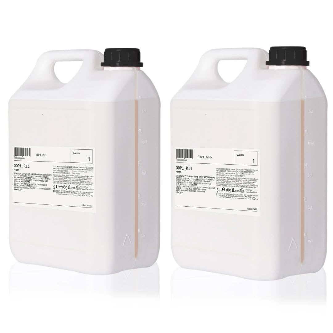 PRIJA Pack 2x5L - Jabón Líquido de Manos y Gel de Ducha & Champú Vitalizante - Fórmula Natural con Extractos Botánicos, Ideal para Uso Diario, Rellenable y Eco-Friendly, Made in Italy